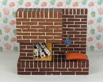 Dollhouse vintage Lundby fireplace 1970s wooden brown brick