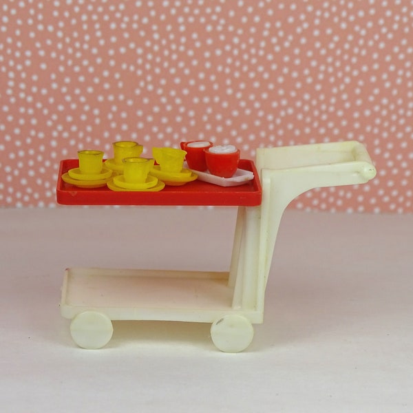 Doll house vintage Hogarin Lundby serving cart 1970s furniture plastic red white