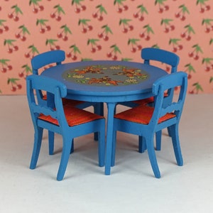 Dollhouse vintage Lundby dining room 1970s Lisa of Denmark furniture wood blue Scandinavian