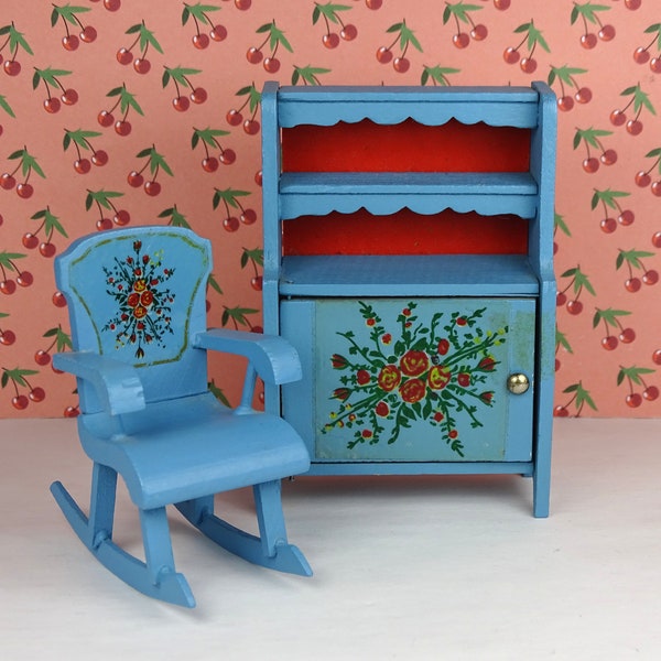 Dollhouse vintage Lundby sideboard rocking chair 1970s furniture wood blue Scandinavian