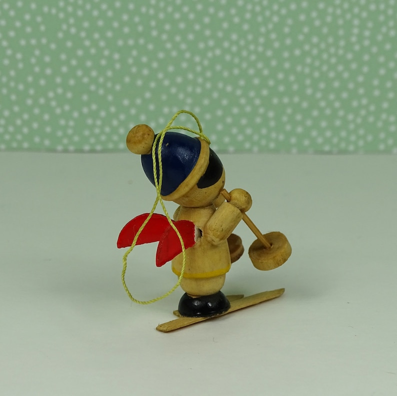 Vintage skiing angel Christmas ornament 1960s wooden blue red
