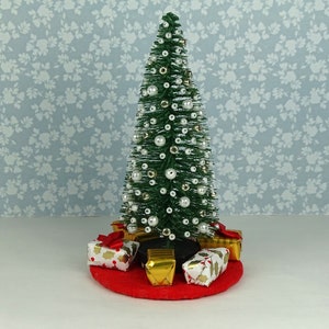 Dollhouse hand decorated Christmas tree bottle brush silver green white