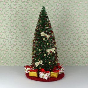 Dollhouse hand decorated Christmas tree bottle brush red gold green