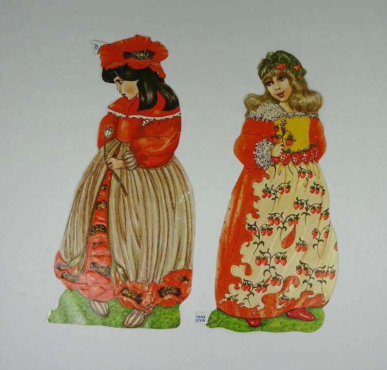 Vintage paper scraps girls poppy strawberry 1970s die-cut embossed set of 2
