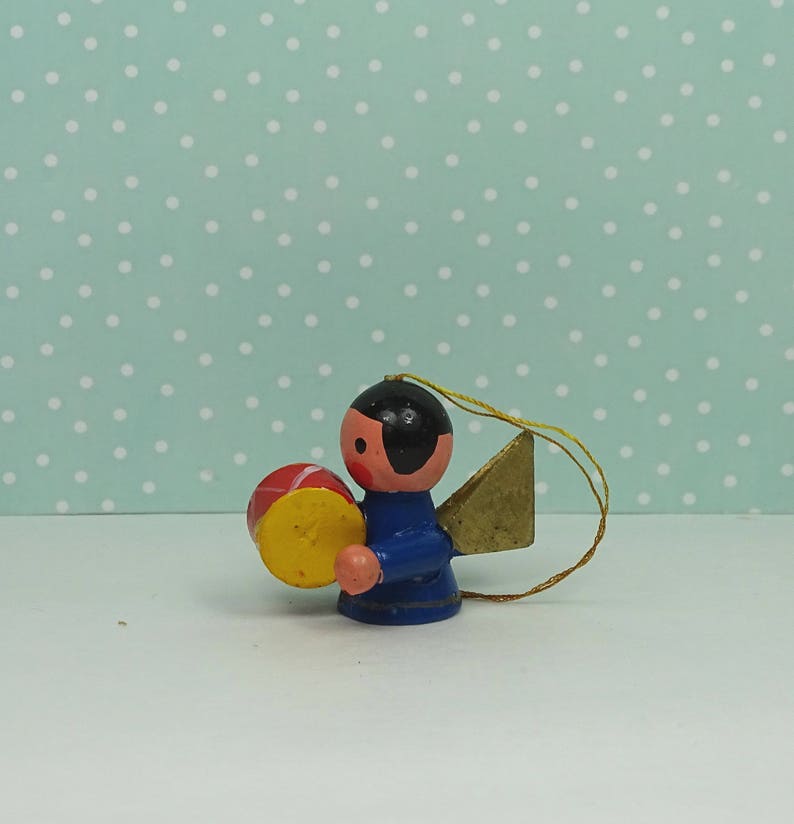 Vintage angel Christmas ornament drummer blue gold 1960s