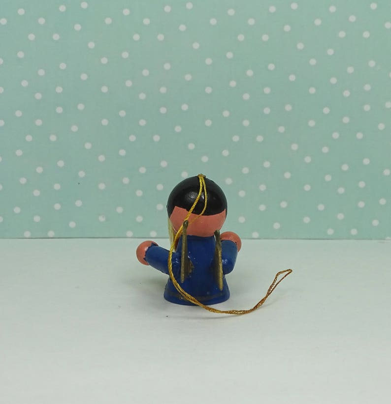 Vintage angel Christmas ornament drummer blue gold 1960s