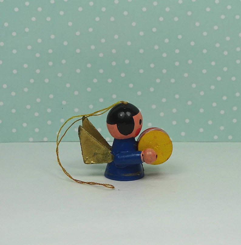 Vintage angel Christmas ornament drummer blue gold 1960s