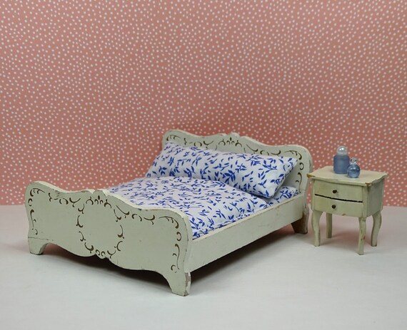 Dollhouse Vintage Bedroom Lundby Parisian Style 1950s Furniture White Gold Blue