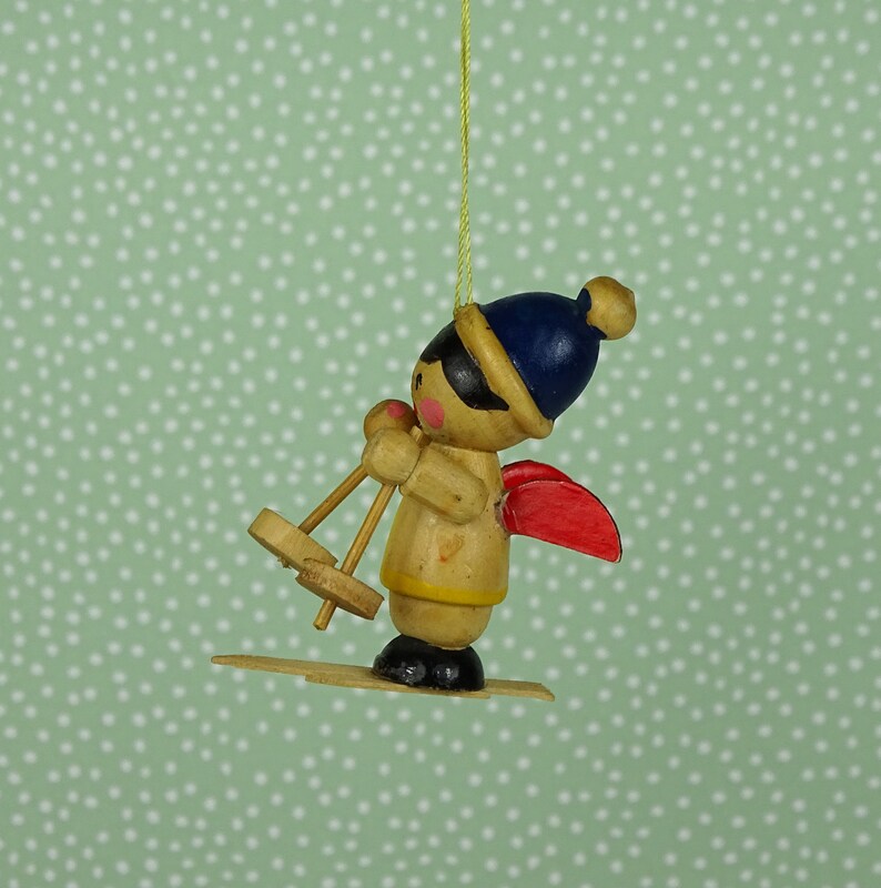 Vintage skiing angel Christmas ornament 1960s wooden blue red