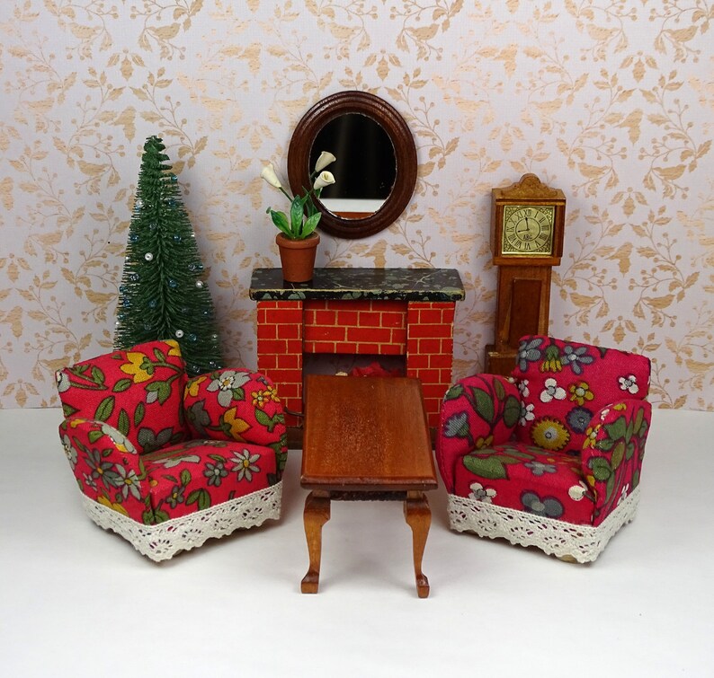 Dollhouse Vintage Lundby Living Room Set Fireplace Chairs 1950s 1970s 1980s Furniture Wooden Pink Red