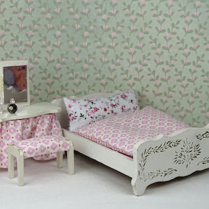 Dollhouse vintage Lundby bedroom 1960s furniture white gold pink