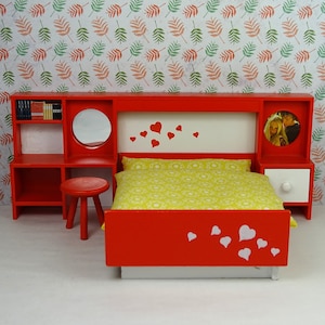 Dollhouse vintage Lundby bedroom 1970s furniture wooden orange white