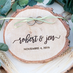 Rustic Wedding Ring Holder -Custom wedding ornament - Ring Bearer Pillow Wood Slice - Ring Pillow Alternative - Engraved log slice