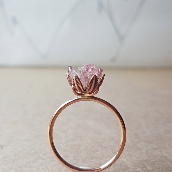 May Birthday Jewelry, Strawberry Quartz and Rose Gold Ring, Pink Crystal and 14K Rose Gold, Pink Crystal Gemologies Lotus Flower Ring