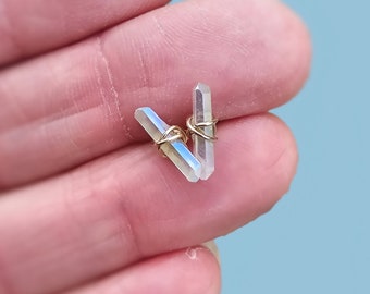 Double Terminated Angel Aura Points in 14K Yellow Gold Fill Studs with Wire Wrapping, Unique Quartz Stud Earring, Crystal Anniversary Gifts
