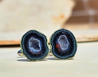 Black Geode Stone & Silver Cuff Links for Husband, Round Black Cufflink with Hamsa, Men's French Cuff Suit Jewelry, Unique Luxury Gift