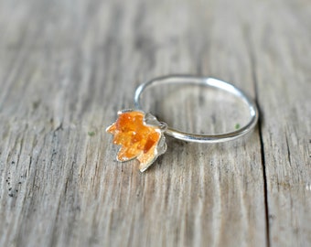 Rough Citrine Ring, Lotus Flower Ring in Silver, Uncut Rough Gemstone Birthstone Ring, Orange Citrine Jewelry, November Birthstone Ring