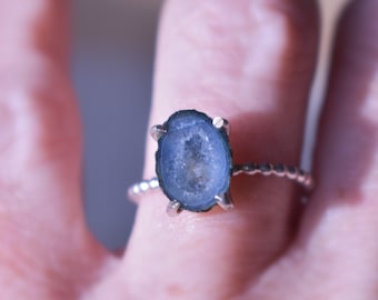 Natural Blue Geode Ring, Rough Geode Crystal & Bright Sterling SIlver Jewelry, Unique Unusual Rough Stone, Dark Crystal Party Ring, Size 6.5