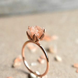 Unique Peach Moonstone Ring, Lotus Flower Ring in 14K Rose Gold Fill, Uncut Gem Engagement Ring, Raw Rough Peach Moonstone Jewelry for Women