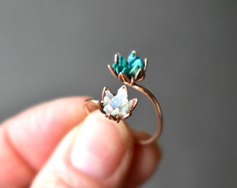 Unique Opal Turquoise Floral Ring, Succulent Jewelry, Lotus Flower Ring, Rose Gold Birthstone Jewelry, Double Flower Cuff Ring, Mothers Ring