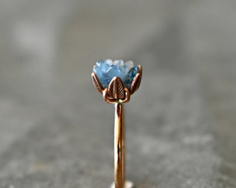 Unique Aquamarine Ring, Lotus Flower Ring in Pink Gold, Uncut Gemstone Birthstone Ring, Raw Rough Aquamarine Jewelry, March Birthstone Ring