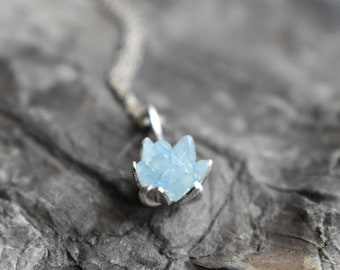 Aquamarine and Sterling Silver Pendant Necklace, Rough Blue Gemstone Lotus Flower Jewelry for Women, Unique March Birthstone Jewelry for Her