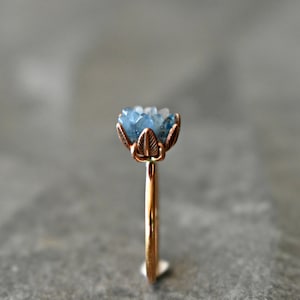 Unique Aquamarine Ring, Lotus Flower Ring in Pink Gold, Uncut Gemstone Birthstone Ring, Raw Rough Aquamarine Jewelry, March Birthstone Ring image 1