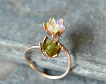 Unique Opal Ring, Lotus Flower Ring & Rose Gold, Uncut Gemstone Engagement Ring, Double Lotus Flower Cuff Ring, Mothers Ring You Choose Gems