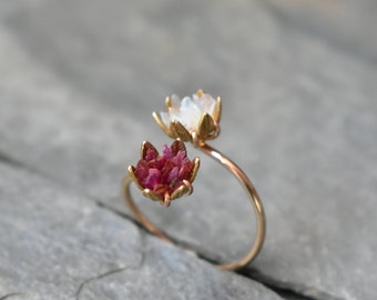 Valentines Day, Unique Ruby Ring, Lotus Flower Ring & Rose Gold, Uncut Gemstone Engagement, Red and Pink Rose Floral Ring