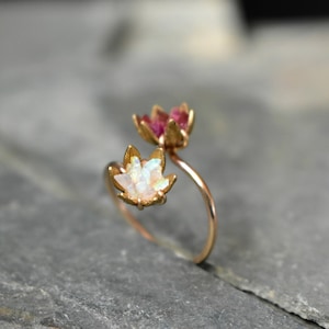 Unique Opal Ring, Lotus Flower Ring & Yellow Gold, Uncut Gemstone Engagement Ring, Red and Pink Rose Floral Ring Women, Custom Mothers Ring image 1