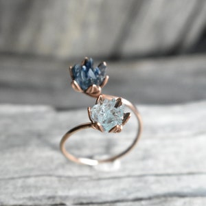 Unique Sapphire Gemstone Ring, Lotus Flower Mothers Ring in Rose Gold, Custom Uncut Gemstone Engagement Band, Double Floral Flower Cuff Ring