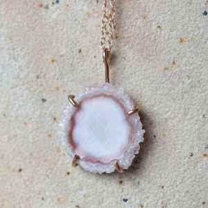 Unique Blush Pink Jewelry, White Pink Quartz Crystal Pendant Necklace in 14K Rose Gold Fill, Pastel Jewelry, Solar Quartz Slice, Christmas image 2