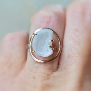 April Birthday White Crescent Moon & Halo, White Geode 14K Rose Gold Fill Ring, Rough Geode Crystal, Unique One of a Kind Cuff Jewelry image 1
