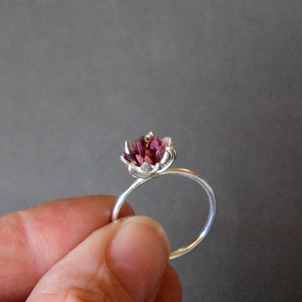 Rough Ruby Ring, Sterling Silver and Ruby Ring, 40th Wedding Valentines Theme Gifts, Women's July Birthstone Gemstone, Lotus Flower Jewelry