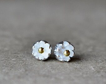 Bright Sterling Silver Tulip Stud Earrings, Mixed Metal Floral Studs in Silver and Gold, Tiny Earlobe Earrings From Gemologies