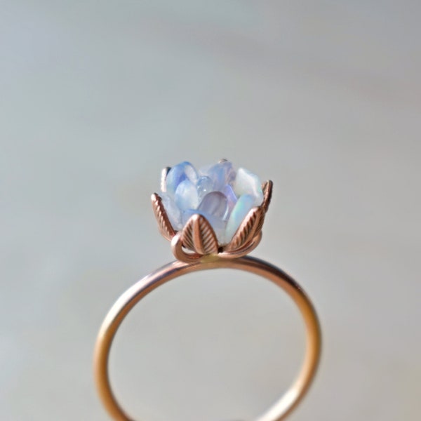 Unique Opal Lotus Ring, Custom Uncut Opal Ring, Lotus Flower Ring in Rose Gold, Rough Fire Opal Jewelry, One of a Kind Engagement Ring