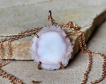 Unique Blush Pink Jewelry, White Pink Quartz Crystal Pendant Necklace in 14K Rose Gold Fill, Pastel Jewelry, Solar Quartz Slice, Christmas