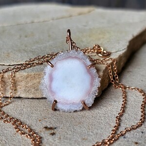 Unique Blush Pink Jewelry, White Pink Quartz Crystal Pendant Necklace in 14K Rose Gold Fill, Pastel Jewelry, Solar Quartz Slice, Christmas image 1