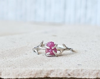 Raw Ruby Ring, Natural Gemstone Antler Ring for Her, July Birthstone Jewelry for Woman, Small Ruby Ring in Sterling Silver Branch Band,