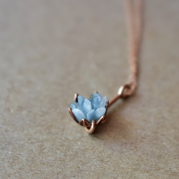 March Birthday Aquamarine and Rose Gold Fill Pendant Necklace, Pisces Aries Blue Gemstone Lotus Flower Jewelry for Women, Unique Necklace