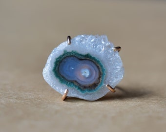 Crystal and Fine Rose Gold Fill Ring, Stalactite Slice in White Blue Turquoise, Crystal Statement Jewelry, Ready to Ship Ring Size 7