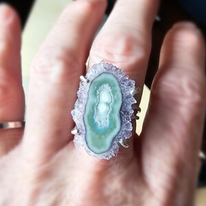 Teal Solar Quartz Crystal Ring Set, Stalactite Crystal Slice in Amethyst Purple in Sterling Silver Band, Statement Ring for Parties, Size 7