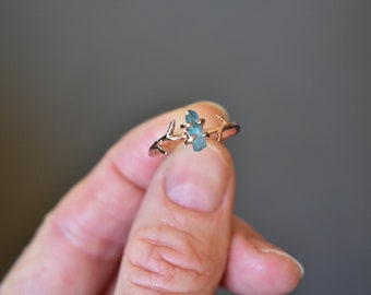 Most Unique Birthday Gift for Women, Tree Branch Band, Rose Gold & Aqua Aura, Antler Ring for Nature Lover, Witch Ring, Woodland Jewelry