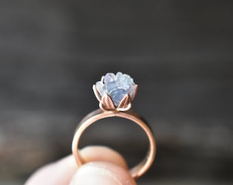 Valentines Day, Lotus Flower Ring from Gemologies, A Pastel Palette of Rough Flourite in Pinks, Blues, Purples, Whites, 14K Rose Gold Fill