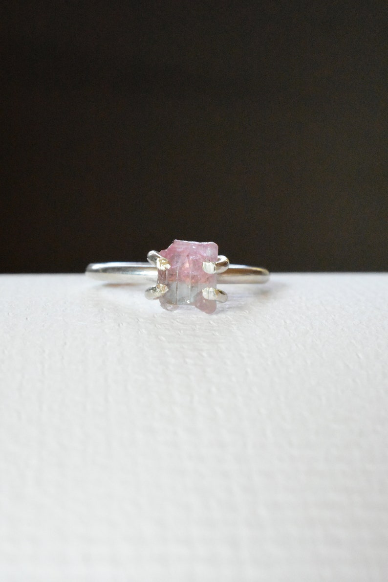Watermelon Tourmaline Crystal Ring 7 Sterling Silver With Pink and Green Gemstone Crystal Anniversary Theme Prong Stacking Ring Design