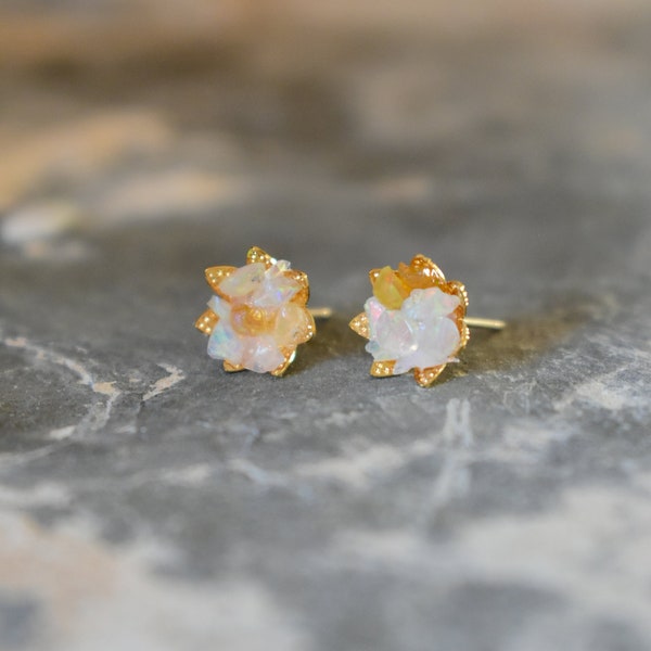 Opal & Gold Stud Earrings, Opal Lotus Flower Jewelry, October Birthstone Jewelry, Raw Fire Opal and Gold Jewelry, Uncut Gemstone Studs Libra