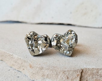 Gold Pyrite Cufflinks, Heart Shape Gold Pyrite Crystal Jewelry for Geologist, Mixed Metal Cufflinks for Women & Men, Ready to Ship Christmas