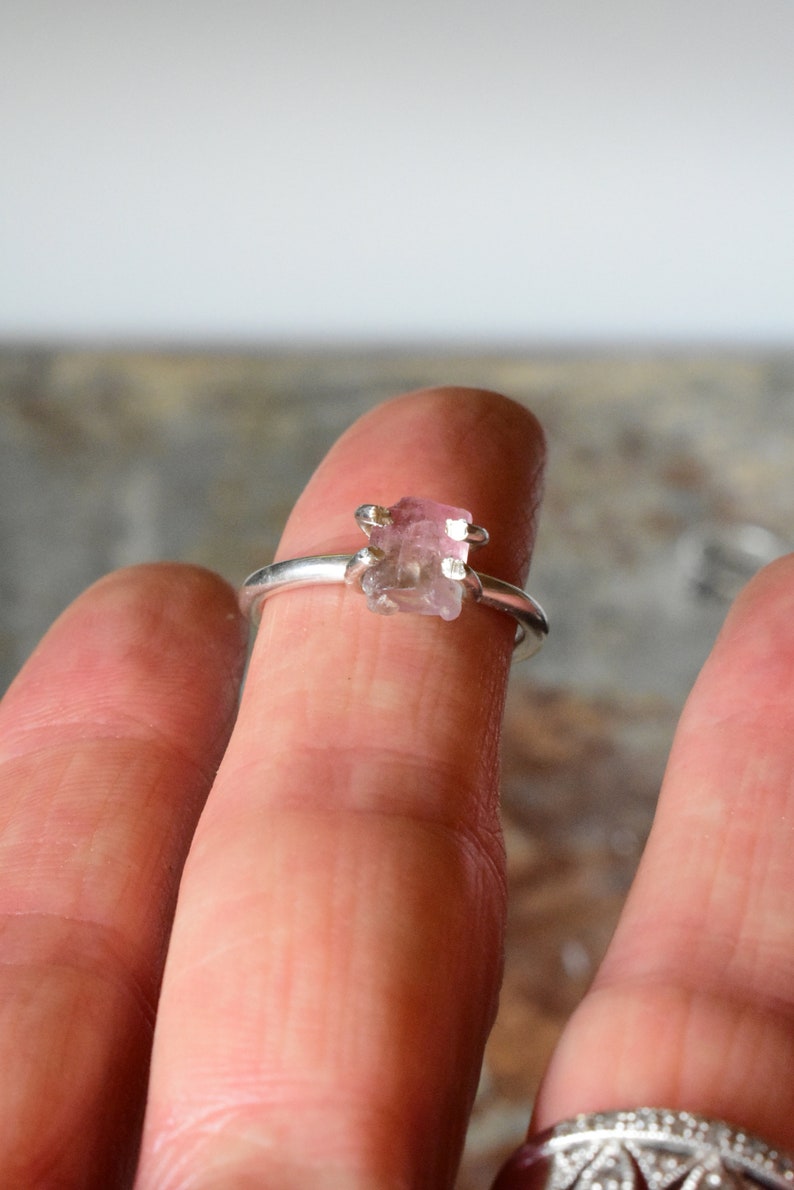 Watermelon Tourmaline Crystal Ring 7 Sterling Silver With Pink and Green Gemstone Crystal Anniversary Theme Prong Stacking Ring Design