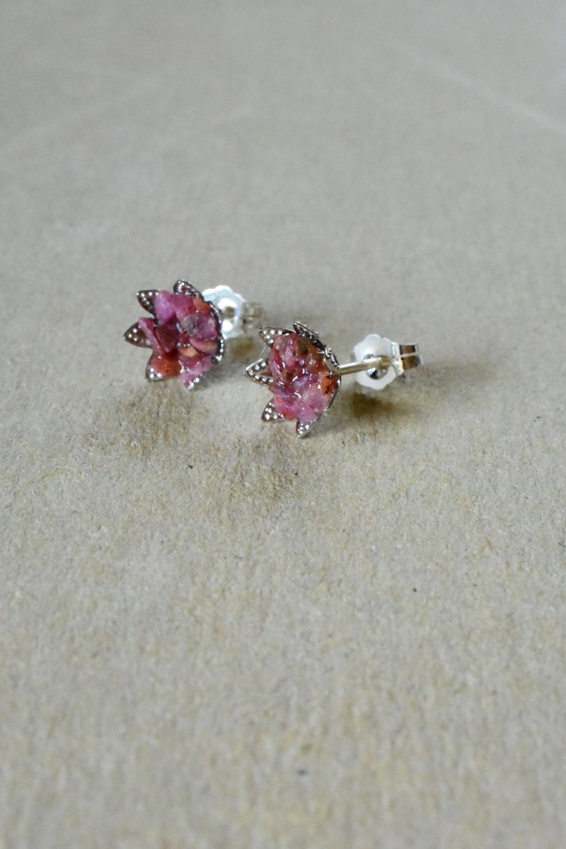 Ruby Earrings, Raw Ruby Studs in my Lotus Flower Design, July Birthstone Jewelry in Silver, Red Gem 1st Root Chakra Jewelry, Petite Studs image 6