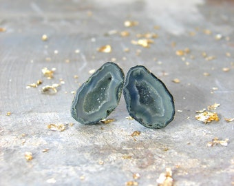 Teal Blue Crystal Earrings, Raw Cyan Geode Studs, Blue Green Jewelry for Birthday or Valentines, Uncommon and Unusual Earrings, Rough Gem